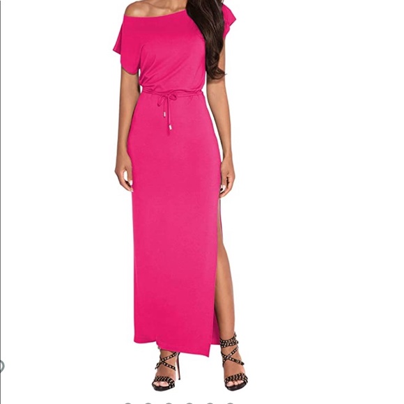 Women Tie Waist High Slit Off Shoulder Maxi Dress - Picture 2 of 5